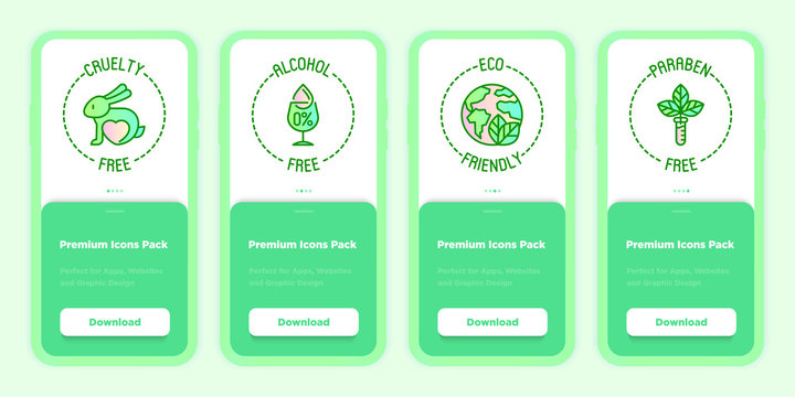 Organic cosmetics symbols. Mobile user interface with thin line icons. Cruelty free, alcohol free, eco friendly, paraben free. Template with copy space. Vector illustration.