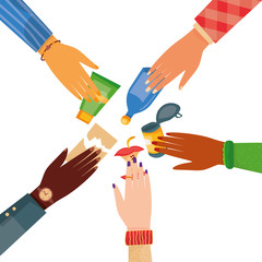 Vector illustration of international human hands sorting trash. Earth Day. Ecology concept. Sorting different type of garbage. Recycling different types of waste