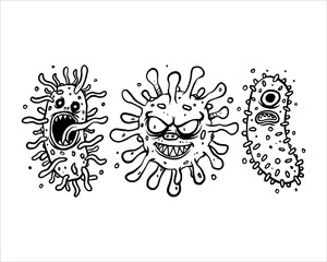 Set of 3 virus monster hand drawn vector. Hand drawn line art cartoon illustration. Isolated icon on white background