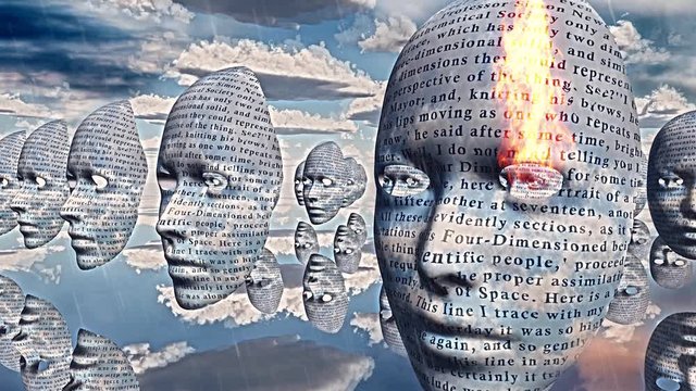 Surreal faces with text hovers in the sky