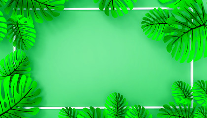 Fototapeta na wymiar Green leaf border Plant frames on Green Monotone background.Greeting card Concept - 3d rendering
