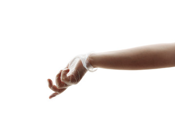 Protect your hands from germs. A hand in a latex white transparent glove reaches out. Fingers reach out. The photo on the white isolate. - obrazy, fototapety, plakaty