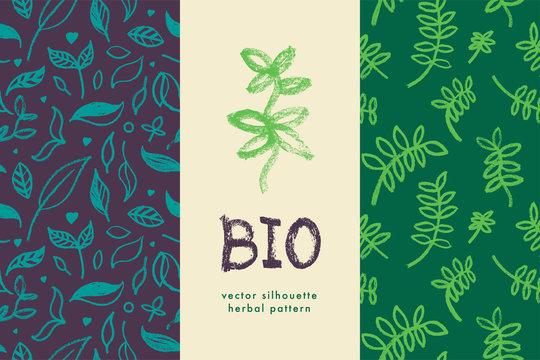 Healthy eating background. Vegetal pattern for banner design with hand-drawn green icons.  Herbs backdrop. vector floral silhouettes for Eat healthy concept and organic farming, healthy food label.