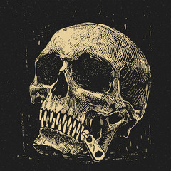 Skull ink drawing. Human skull with zip instead of teeth. Skeleton dark illustration. - 335599755