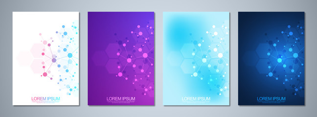 Fototapeta na wymiar Set of template brochures or cover design, book, flyer, with molecules background and neural network. Abstract geometric background of connected lines and dots. Science and technology concept.