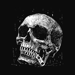 Skull ink drawing. Human skull with zip instead of teeth. Skeleton dark illustration.