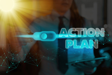 Text sign showing Action Plan. Business photo text detailed plan outlining actions needed to reach...