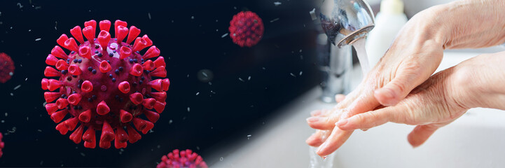 Elderly woman washing her hands because of coronavirus and Covid-19 (3D Rendering)