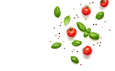 Tomato, basil, spices, pepper, garlic. Vegan diet food, creative cherry tomato composition isolated on white. Fresh basil, herb, tomatoes, cooking concept, top view.