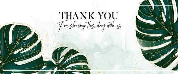 Monstera evergreen tropical palm leaves, jungle rainforest paradise leaves with gold glitters luxury vector floral design template. Old vintage marble ink horizontal background in vector