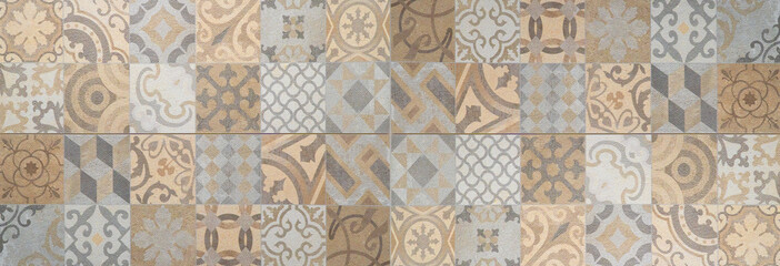 Brown beige gray bright vintage retro geometric square mosaic motif cement tiles texture background...
