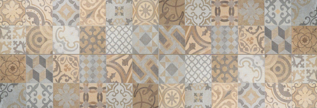 Brown beige gray bright vintage retro geometric square mosaic motif cement tiles texture background banner panorama