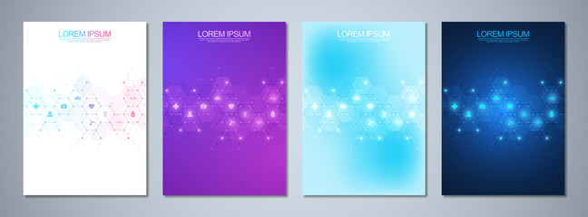 Set of template brochures or cover book, page layout, flyer design. Concept and idea for health care business, innovation medicine, pharmacy, technology. Medical background with flat icons and symbols