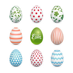 Easter eggs white set with decorated pattern elements for gift, seasonal celebration and holidays in april on white background vector illustration