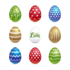 Easter eggs color set with decorated pattern elements for gift, seasonal celebration and holidays in april on white background vector illustration