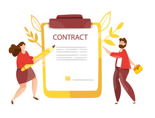 Businessman and businesswoman sign a contract. Cute woman with pencil. Woman signs a cooperation document. Corporate document. Agreement checking. Partnership, Digital Contract. Vector.