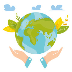 Ecology concept. People take care about planet ecology. Protect nature and ecology banner. Earth day. Earth globe in hands. Vector illustration.