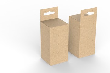 Hanging white blank cardboard packaging box with hang tab retail box for mock up design and design presentation. 3d render illustration.