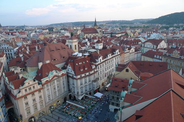 Fototapeta na wymiar Eastern Europe Czech Republic Prague Street Old Town Downtown Clock Tower Bohemia Baroque Gothic Renaissance Architecture Middle Ages Houses