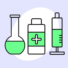 medical icon. Flask, jar of pills and syringe. Health concept vectors