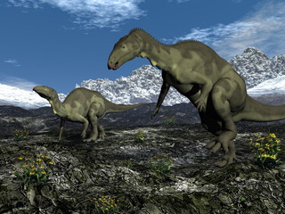Two camptosaurus dinosaurs walking together by day - 3D render