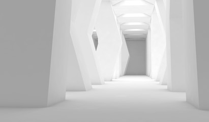 Abstract white interior, empty corridor with columns