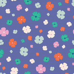Bright flowers on blue and white polka dot background seamless repeat vector pattern. Great for paper products and stationery such as invitations, notebooks and party items. Would be great for gift
