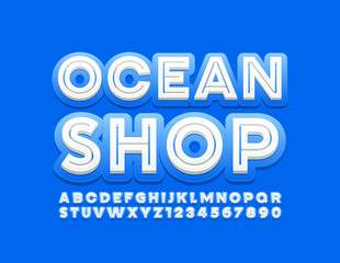 Vector modern logo Ocean Shop. Blue and White trendy Font. Creative Alphabet Letters and Numbers