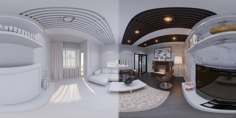 3d illustration of the interior design of the living room. The style of the apartment is modern white colors. Render is executed, 360 degree spherical seamless panorama for virtual reality