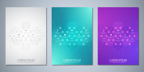 Template brochure or cover book, page layout, flyer design with technological background and flat icons and symbols. Concept and idea for innovation technology and communication.