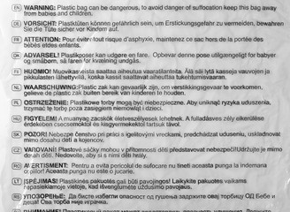 Instruction on plastic foil for packaging isolated on white background, Warning: plastic bag be...