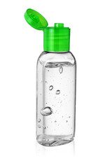 Open bottle of hand sanitizer or antiseptic gel isolated on white