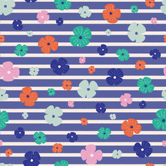 Bright flowers on blue stripes repeat vector pattern. Great for paper products and stationery such as invitations, notebooks and party items. Would be great for gift and home ware products such as