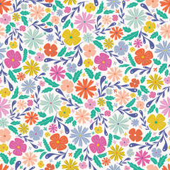 Fototapeta na wymiar Colourful scattered floral seamless repeat vector pattern. Great for paper products and stationery such as invitations, notebooks and party items. Would be great for gift and home ware products such