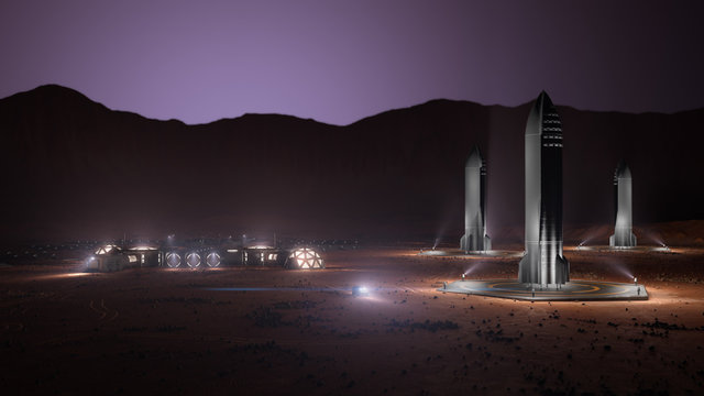 A depiction of a base on a hostile and barren planet. The small colony is equipped with two rovers for astronauts to use for exploration of the surface. 3d illustration