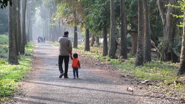 Backside of an Indian brunette father and his baby boy in winter garments walking in a forest path in winter afternoon in natural green background. Indian lifestyle and parenthood.