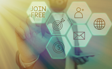 Word writing text Join Free. Business photo showcasing the act or an instance of joining a group or...