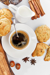Cup coffee with homemade cookie milk filbert. Still life with hot drink. Light breakfast.