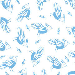 Seamless pattern with birds and leaves. Sky shade. Vector background.