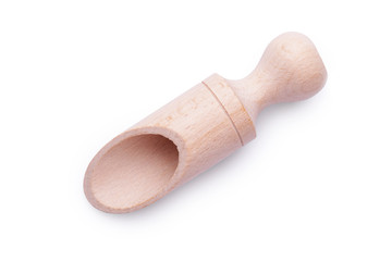 Empty wooden scoop isolated on white background. Small shovel for spices. Top view