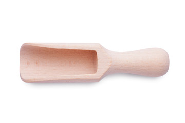 Empty wooden scoop isolated on white background. Small shovel for spices. Top view