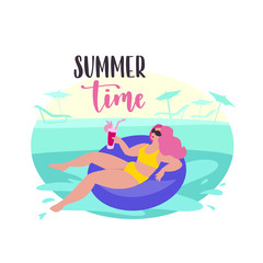 Summer time. Handwritten lettering quote and cartoon flat style character.