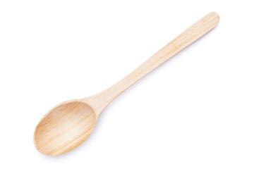 Empty wooden spoon isolated on white background. Top view of natural kitchenware