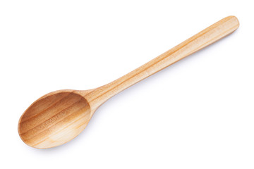 Empty wooden spoon isolated on white background. Top view of natural kitchenware