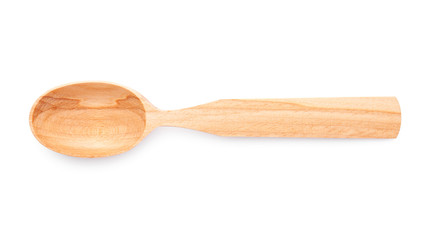 Empty wooden spoon isolated on white background. Top view of natural kitchenware