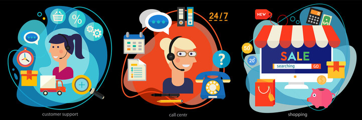 Flat design Customer And Technical Support And Call Center banners. Vector trendy illustrations