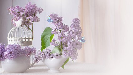 Cozy room interior with gentle blooming purple lilacs flower bouquet in porcelain china jug and birdcage on table, flying butterflies, tender romantic spring home decor in soft morning light.