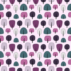 Seamless pattern with stylized trees in various colors on pink background. Spring and summer print in a flat style for design wrapping paper, textile, greeting cards, scrapbooking