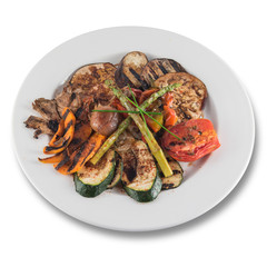 Grilled vegetable dish with zucchini, asparagus, aubergine, tomato and mushrooms.