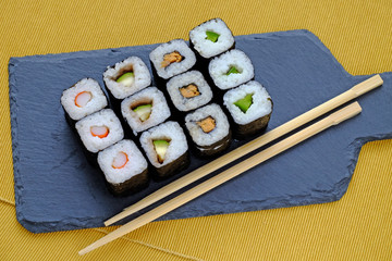 set of japanese sushi on a tray